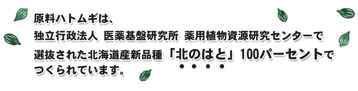 原料ハトムギは、独立行政法人 医薬基盤研究所 薬用植物資源研究センターで選抜された北海道産新品種「北のはと」100パーセントでつくられています。